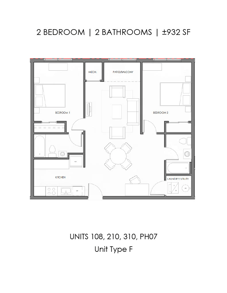 2 bedroom, 2 bathrooms 932 square feet floor plan